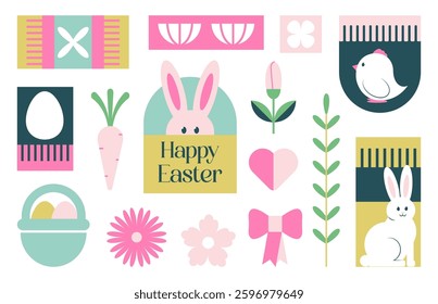 Happy Easter geometric elements collection with spring holiday rabbit, bird, floral symbols, cute ornate prints for greeting cards vector illustration. Creative springtime seasonal festive decoration