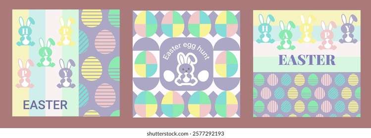 Happy Easter geometric minimalist art style cards, posters, flyers. banners. Abstract Easter holiday backgrounds with decorative eggs and cute bunnies, vector illustration.