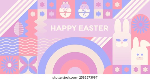 Happy Easter Geometric Minimalist background. Easter egg, chickens, Easter bunnies. Modern colorful pattern with abstract Easter icons. Fashionable design for posters, banners, postcards, cover