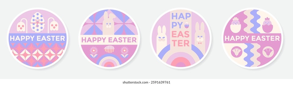 Happy Easter Geometric Minimalist stickers set. Easter eggs, bunnies, flowers. Modern Festive greeting colorful round stickers with abstract Easter icons.
