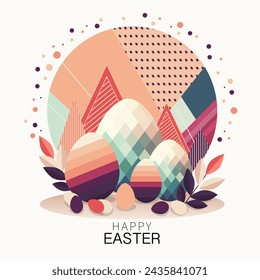 Happy Easter geometric. Modern abstract style. Set of vector Easter illustrations. Easter eggs, bunny, flowers, carrots, gradient. Ideal for poster, cover or postcard.