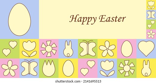 Happy Easter. Geometric mosaic greeting card. Neo geo poster. Background with geometric shapes. Vector composition of squares. Copy space for text