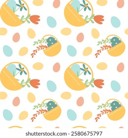 Happy easter geometric pattern with basket and eggs for seasonal design.