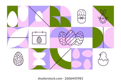 Happy Easter Geometrical Line Banner. Vector Illustration of Triangular and Polygonal Background. Outline Religious Traditional Holiday Symbols. Christianity Objects.