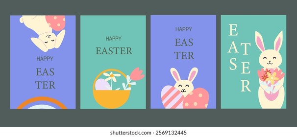 Happy easter geometry design set featuring bunnies and floral elements for holiday cards.