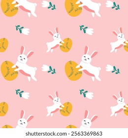 Happy easter geometry pattern with playful bunnies and floral elements.