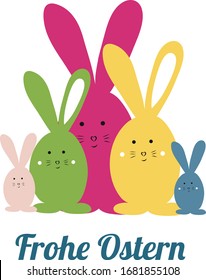 Happy Easter in German "Frohe Ostern". Easter bunny family vector illustration bright and colorful element for design. Happy Easter greeting card