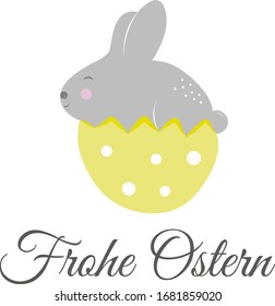 Happy Easter in German "Frohe Ostern". Easter bunny in egg cute funny cartoon drawn by hand vector illustration. Happy Easter greeting card