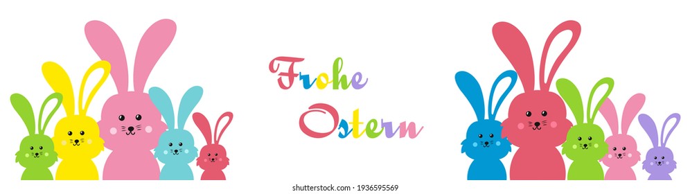 Happy Easter in German Frohe Ostern banner. Easter bunny family vector illustration bright and colorful element for design