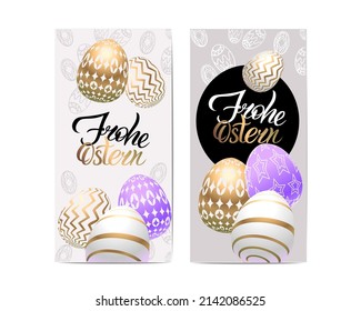 Happy Easter in German "Frohe Ostern!" translation: Happy Easter! A set of two Easter cards with realistic Easter eggs in golden tones. Vector template for instagram stories