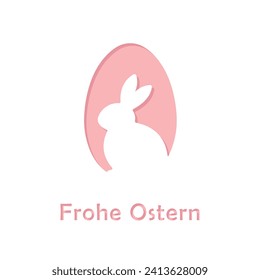 happy easter in german, frohe ostern greeting card, pink easter egg shape with white bunny silhouette, osterei paper cut style, Easter 2024 square vector card