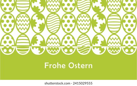 Happy Easter in german Frohe Ostern green and white greeting card with holiday eggs, abstract vector Illustration