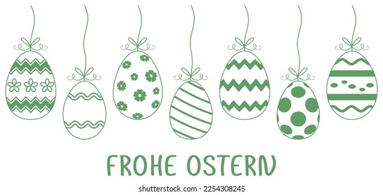 Happy Easter in German language. Easter Egg vector Ornament with gift ribbon. White isolated background.
Easter decoration arrangement in green.