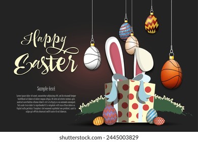 Happy Easter. Gift box with Easter bunny ears sticking out. Eggs in the form of a basketball balls as a decorations are hanging on strings. Template design for greeting card. Vector illustration