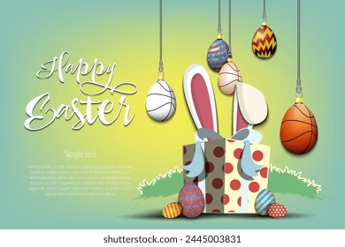 Happy Easter. Gift box with Easter bunny ears sticking out. Eggs in the form of a basketball balls as a decorations are hanging on strings. Template design for greeting card. Vector illustration