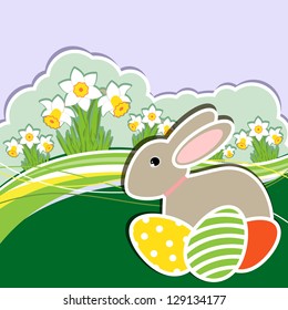 Happy Easter. Gift card by Easter: rabbit, eggs and flowers. Grouped for easy editing. Perfect for invitations or announcements.