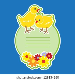 Happy Easter. Gift card by Easter: chickens, flowers. Grouped for easy editing. Perfect for invitations or announcements.