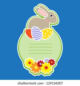Happy Easter. Gift card by Easter with rabbit, eggs and flowers. Grouped for easy editing. Perfect for invitations or announcements.