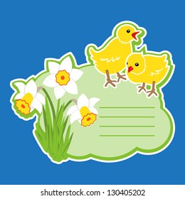 Happy Easter. Gift card by Easter:two chickens, narcissus.