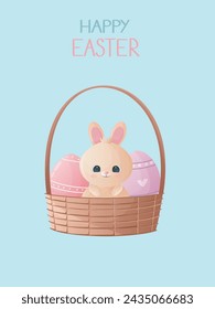 Happy Easter gift card with cute bunny in basket with decorated eggs.