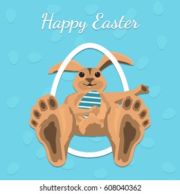 Happy Easter gift card. International celebration in April. Vector background. Rabbit holding egg in paw. Illustration in flat style.
