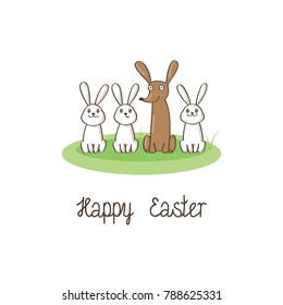 Happy Easter gift card with lettering and a dachshund puppy hiding among white rabbits. Vector illustration.