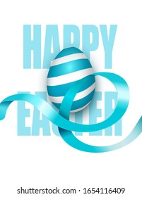 happy easter gift card, realistic vector illustration ,decorated blue egg 3d with bright ribbon.