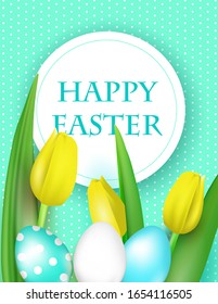 happy easter gift card, realistic vector illustration with yellow tulips and bright decorated eggs.