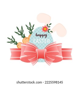 Happy Easter gift tag and label with cute cartoon bow, egg, carrots and bunny ears.