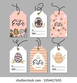 Happy Easter gift tags with calligraphy. Handwritten lettering. Hand drawn design elements.