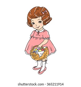 Happy Easter, the girl with a basket of eggs,vector illustration.