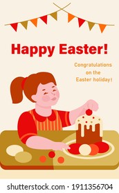 Happy easter. The girl decorates Easter cake and eggs. Vector illustration in flat cartoon style. For posters, cards, invitations.