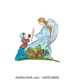 Happy Easter, girl with an egg, angel with wings, bible religious drawing with people