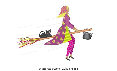 Happy easter girl flying on broom with cat and ready to serv cofee. Isolated on white. Vector illustration.