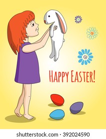 Happy Easter. Girl with rabbit in her arms. Colored eggs and flowers. Yellow background.