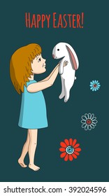 Happy Easter. Girl with rabbit in her arms. Colored  flowers. Dark background.