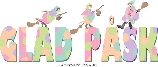 Happy Easter, "Glad Påsk", a Swedish Easter Greetings decorated with scandinavian Easter Witches flying on broomsticks to Blockula (Blåkulla), vector illustration