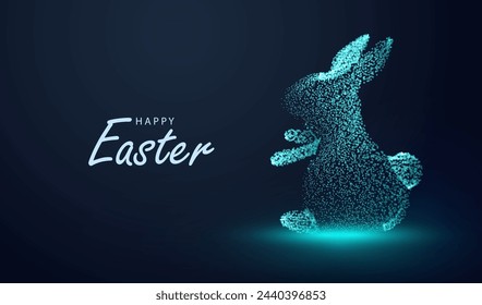 Feliz Pascua brillo conejito fondo de tecnología. Diseño de banner de conejo ligero de neón. Vector de tarjeta de felicitación digital de vacaciones futurista.
