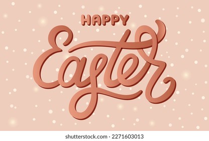 Happy Easter glittering banner brown card flat. Religious holiday greeting lettering handwritten script luxury invitation design pastel color chocolate background cute spring tradition glowing light