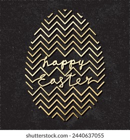 Happy Easter Glossy Gold Egg Shape Created by Repeating Zig Zag Lines Combined with Logo Lettering Creative Concept - Golden Elements on Black Paper Background - Vector Hand Drawn Doodle Design