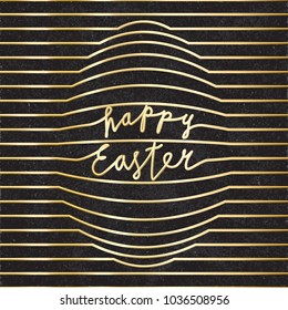 Happy Easter Glossy Gold Style Logo Lettering with Egg Shape Created by Repeating Horizontal Lines - Golden Elements on Black Rough Paper Background - Hand Drawn Gradient Graphic Design