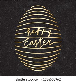 Happy Easter Glossy Gold Style Logo and Egg Shape Created by Repeating Horizontal Lines with Lettering - Golden Elements on Black Rough Paper Background - Hand Drawn Gradient Graphic Design