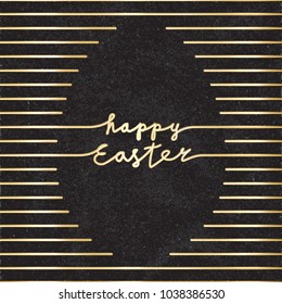 Happy Easter Glossy Gold Style Logo and Blank Egg Shape Created by Repeating Horizontal Lines with Lettering - Golden Elements on Black Rough Paper Background - Hand Drawn Doodle Design