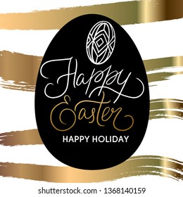 Happy Easter Glossy Gold Style Logo and Blank Egg Shape Created by Repeating Horizontal Lines with Lettering - Golden Elements on Black Rough Paper Background - Hand Drawn Doodle Design - Vector