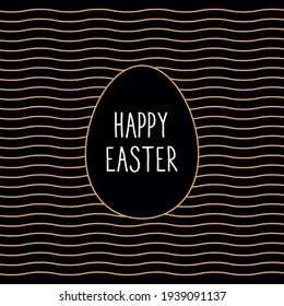 Happy Easter Glossy Gold Style Logo and Blank Egg Shape Created by Repeating Horizontal Lines with Lettering - Golden Elements on Black Rough Paper Background - Hand Drawn Doodle Design