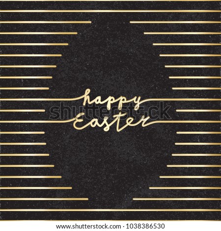 Happy Easter Glossy Gold Style Logo and Blank Egg Shape Created by Repeating Horizontal Lines with Lettering - Golden Elements on Black Rough Paper Background - Hand Drawn Doodle Design
