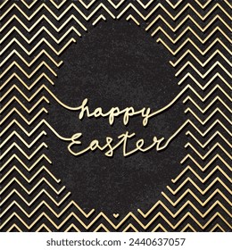 Happy Easter Glossy Gold Zig Zag Lines Making Blank Egg Shape Combined with Logo Lettering Creative Concept - Golden Elements on Black Paper Background - Vector Hand Drawn Doodle Design