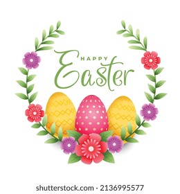 happy easter glower garland wreath with colorful eggs