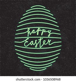 Happy Easter Glowing Neon Light Style Logo and Egg Shape Created by Repeating Horizontal Lines with Lettering - Green Elements on Black Rough Paper Background - Hand Drawn Flat Graphic Design