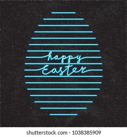 Happy Easter Glowing Neon Light Style Logo and Flat Egg Shape Created by Repeating Horizontal Lines with Lettering - Turquoise Elements on Black Rough Paper Background - Hand Drawn Doodle Design